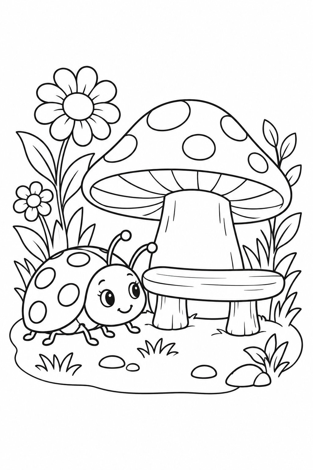 Dibujo de La mariquita en el banco de seta para colorear