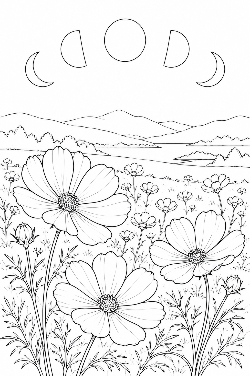コスモスの花畑と月の満ち欠けの塗り絵