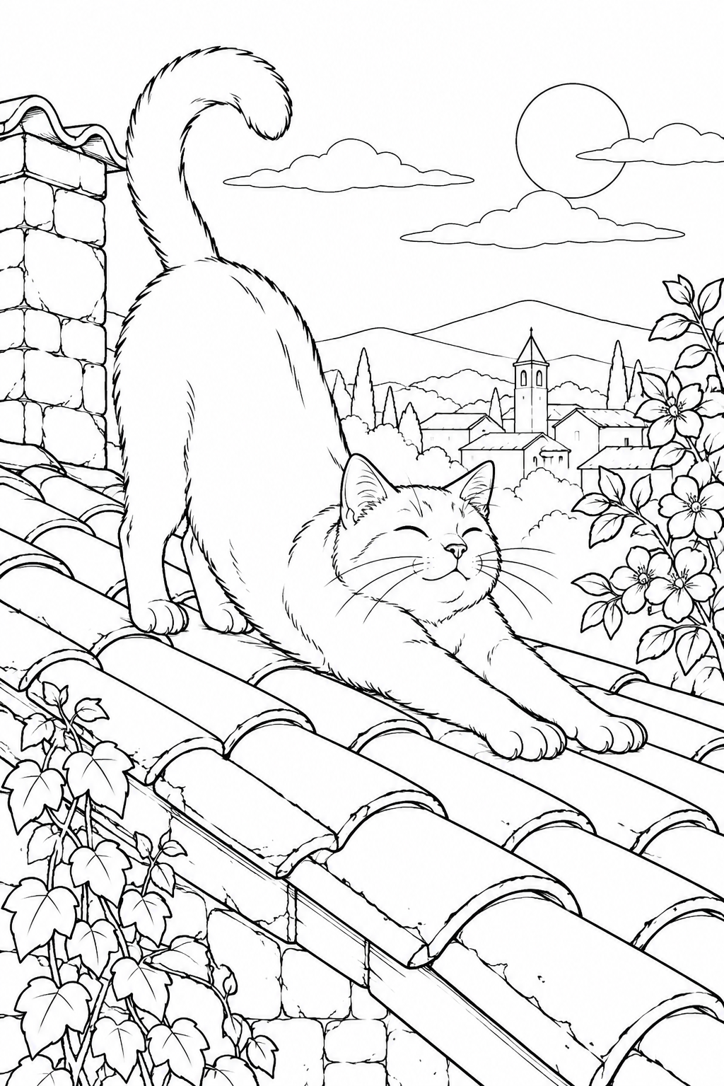 古い屋根の上で伸びる猫の塗り絵