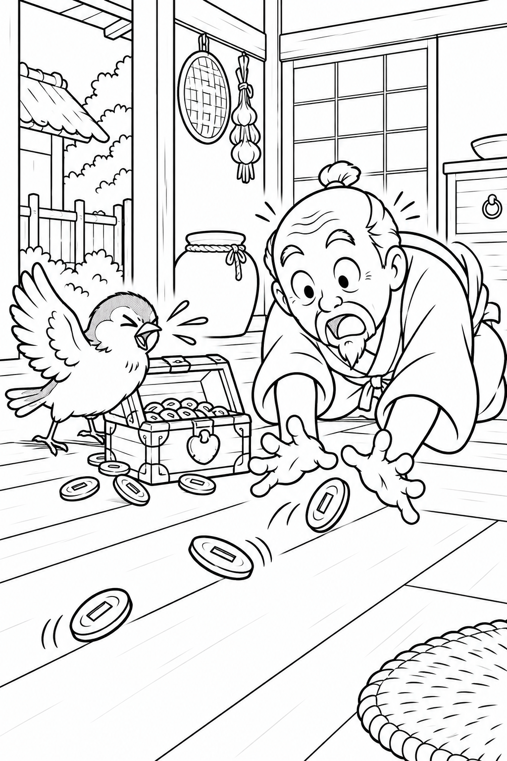 したきりすずめ:くしゃみで小判がころころの塗り絵