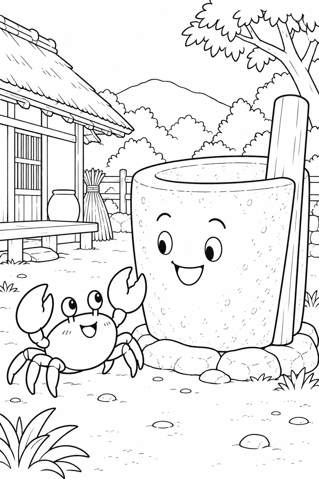 さるかに合戦 ほっこり:かにと石臼の出会いの塗り絵