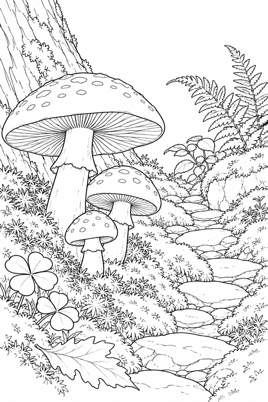 Coloriage Étude de nature : Champignons et sentier moussu