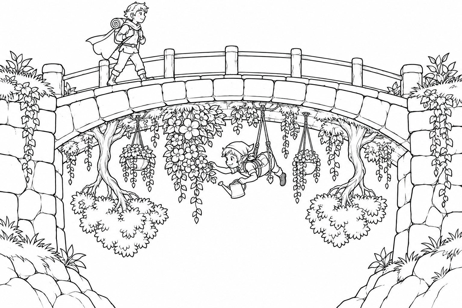 Desenho de Jardim de cabeça para baixo sob uma ponte de pedra para colorir