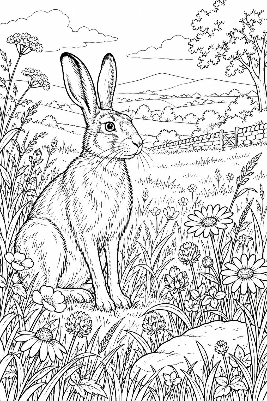 自然のひとこま:ノウサギと草原の花の塗り絵