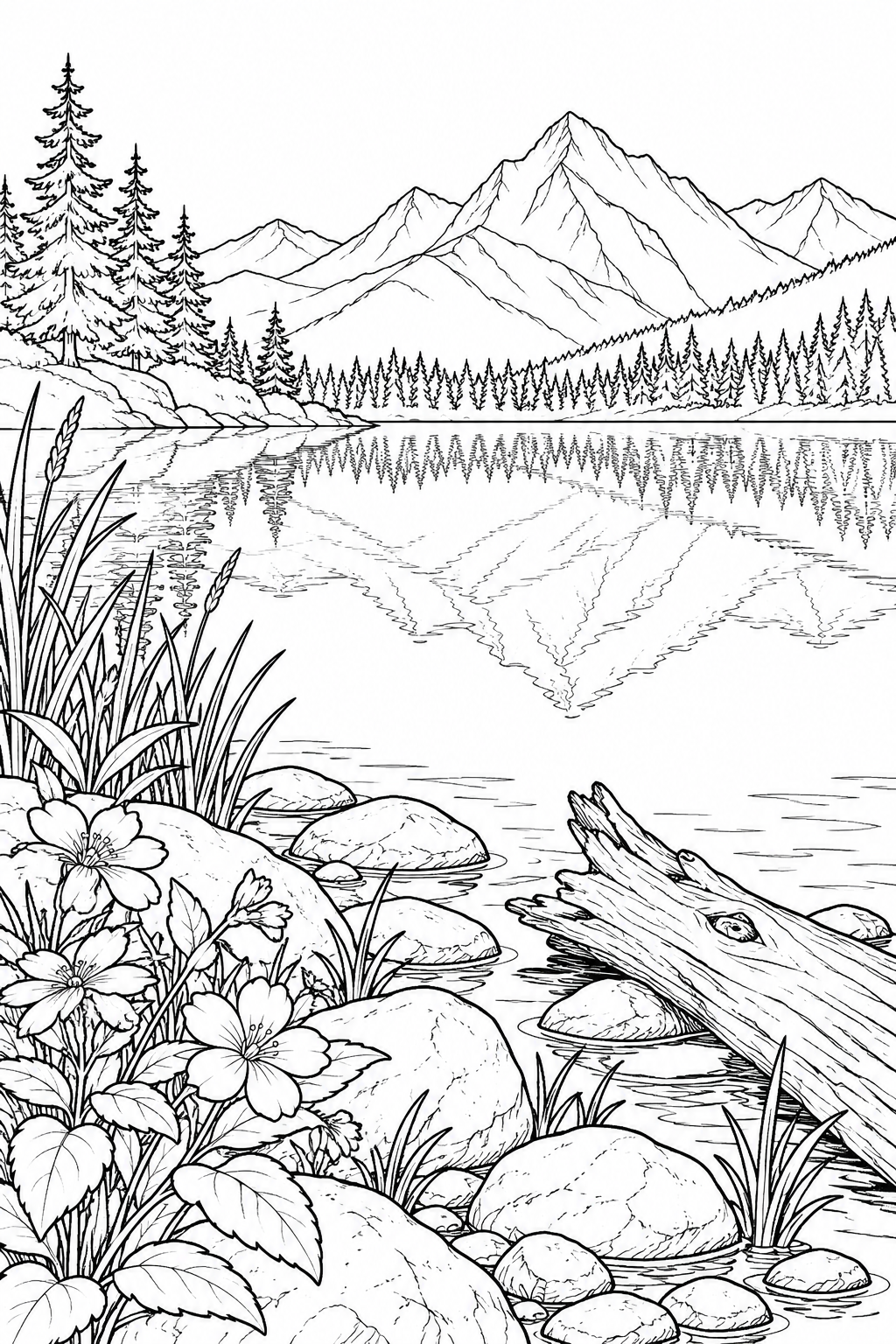 観察スケッチ:山を映す静かな湖の塗り絵