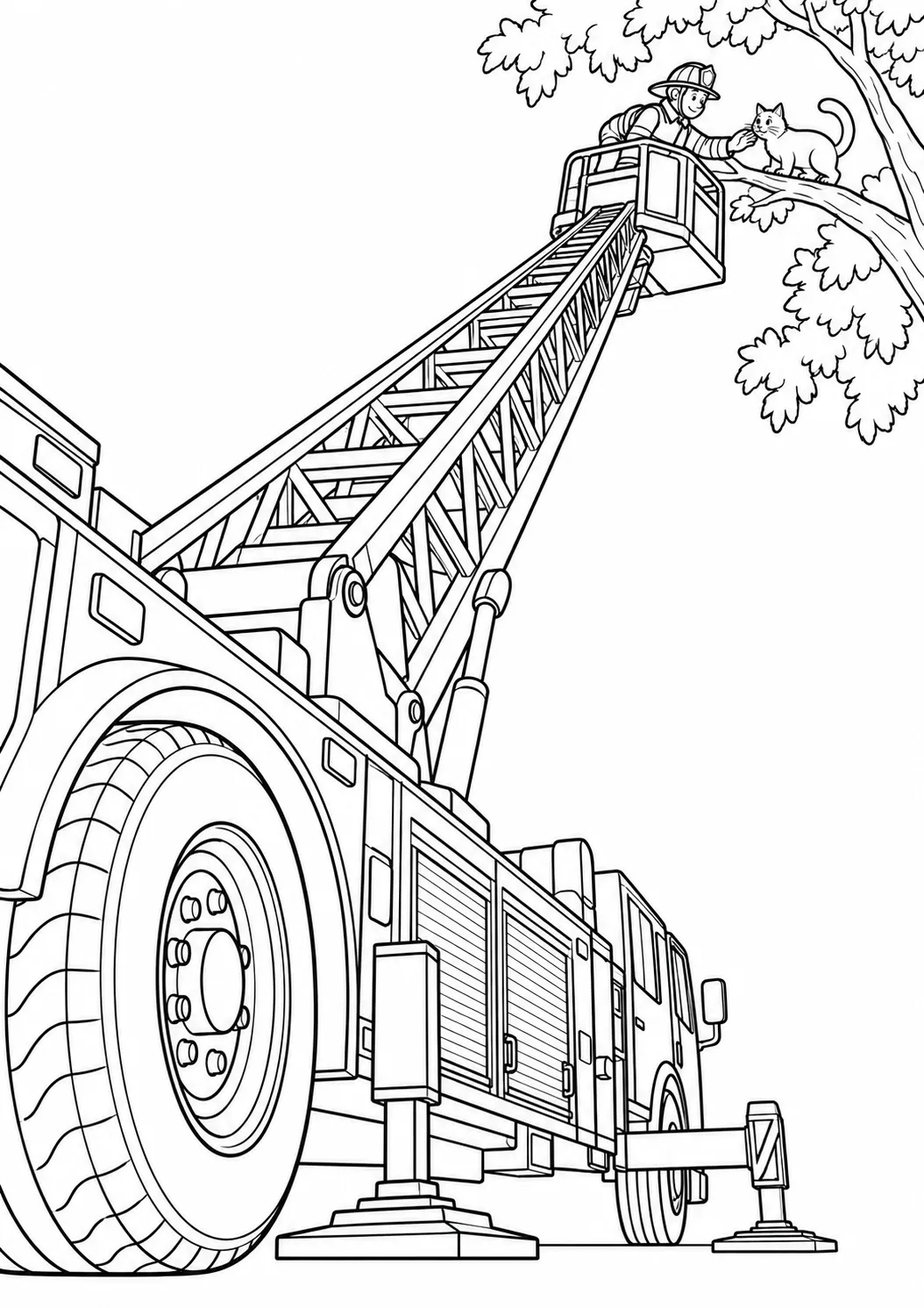 見上げるはしご車のねこ救助の塗り絵