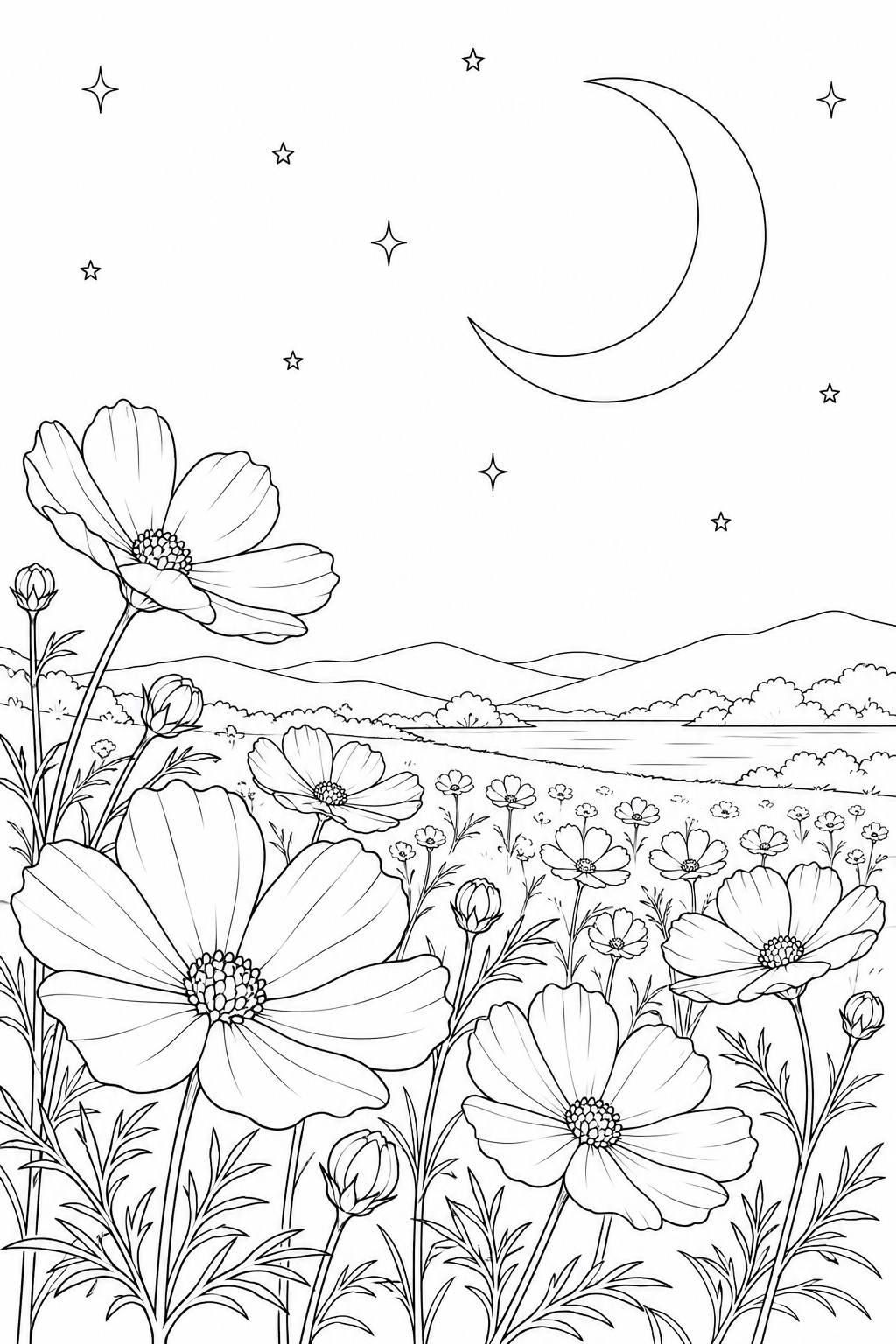 コスモスの花畑と三日月の塗り絵