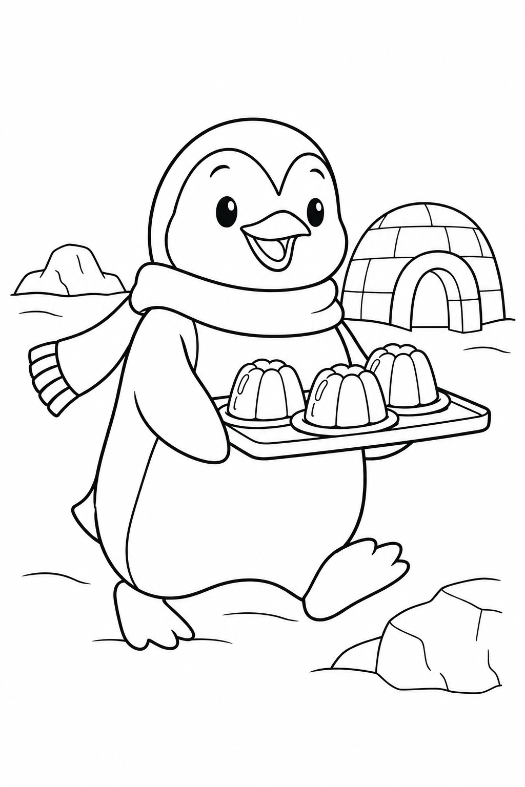 冷たいゼリーを運ぶペンギンの塗り絵