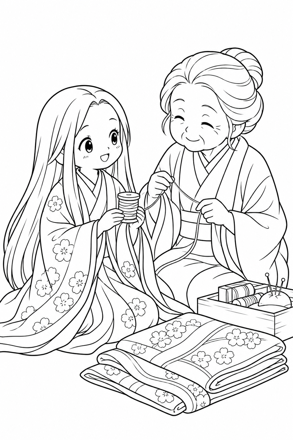 かぐや姫とおばあさんの糸巻きの塗り絵