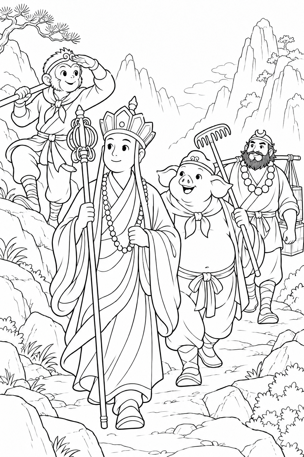 ほっこり西遊記:三蔵と旅の仲間たちの塗り絵