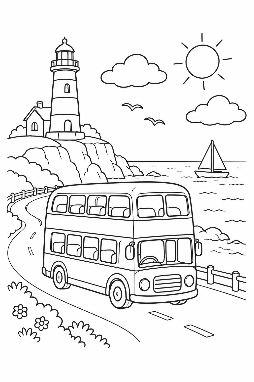 二階建てバスと海沿いの道の塗り絵