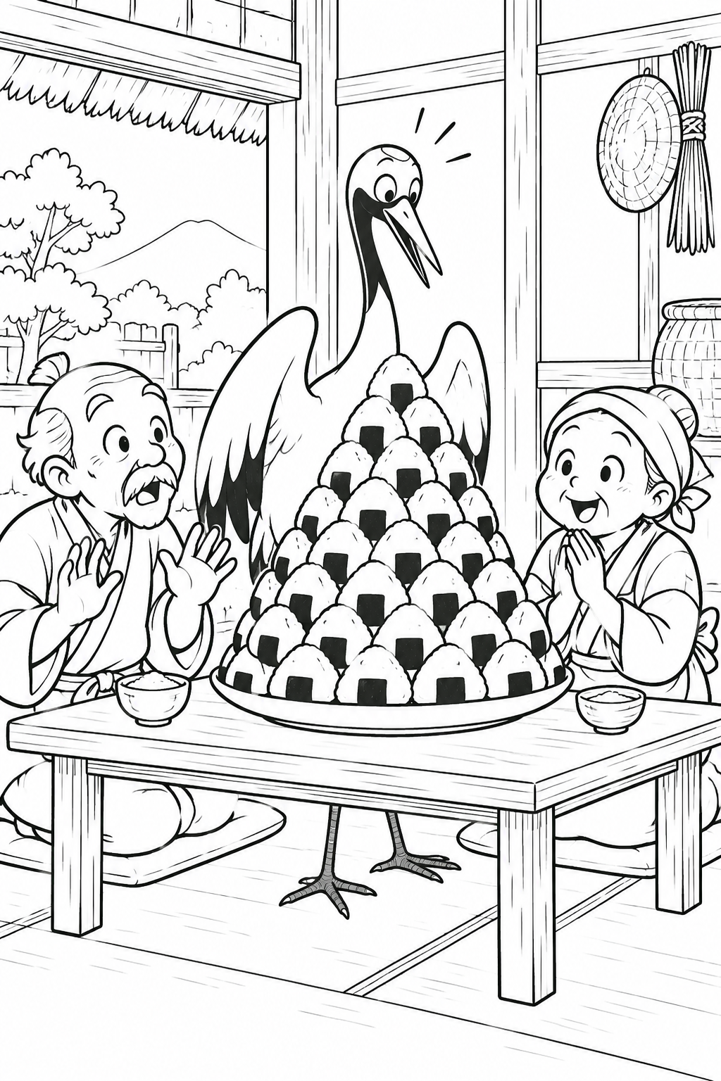 The Grateful Crane:Surprised by a Mountain of Rice Balls coloring page