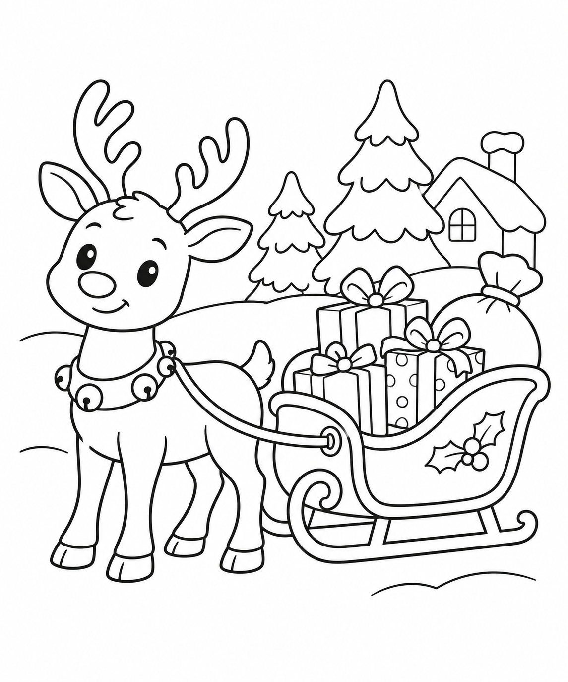 クリスマスとトナカイのそりの塗り絵
