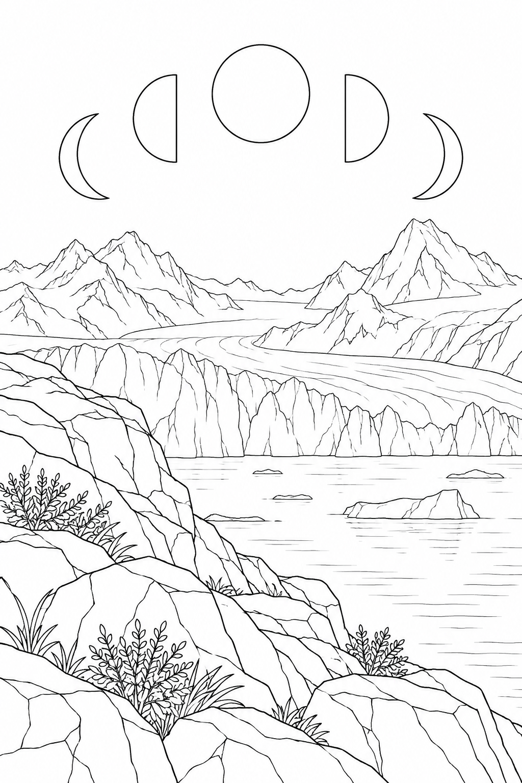 氷河と岩の岬と月の満ち欠けの塗り絵