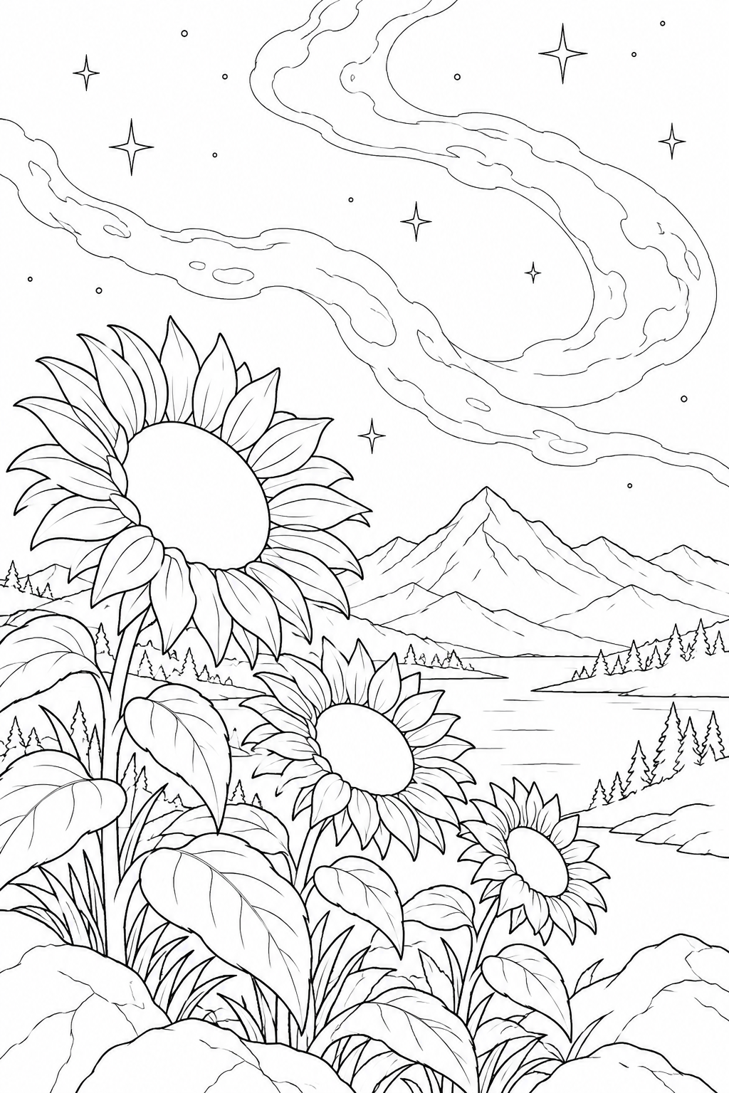 ヒマワリと遠い山並みと星雲のゆらめきの塗り絵
