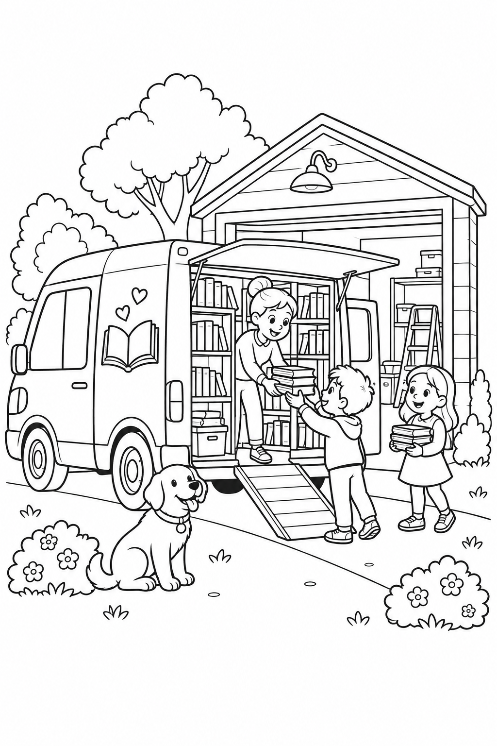 移動図書館と車庫の塗り絵
