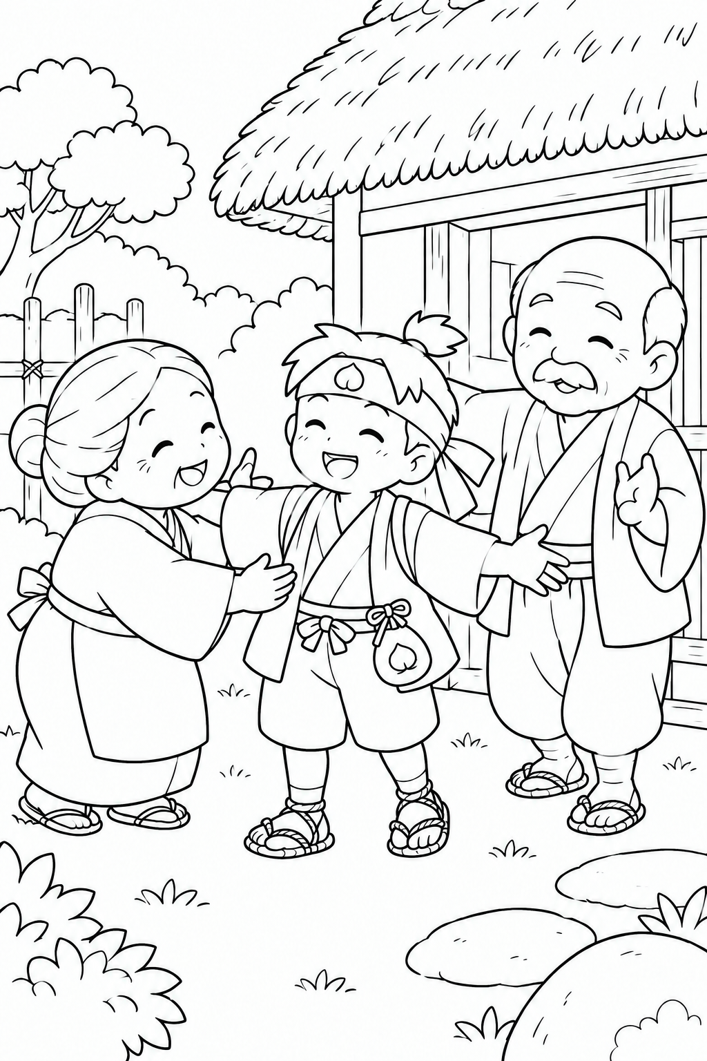 ほっこり桃太郎：桃太郎のただいまの塗り絵
