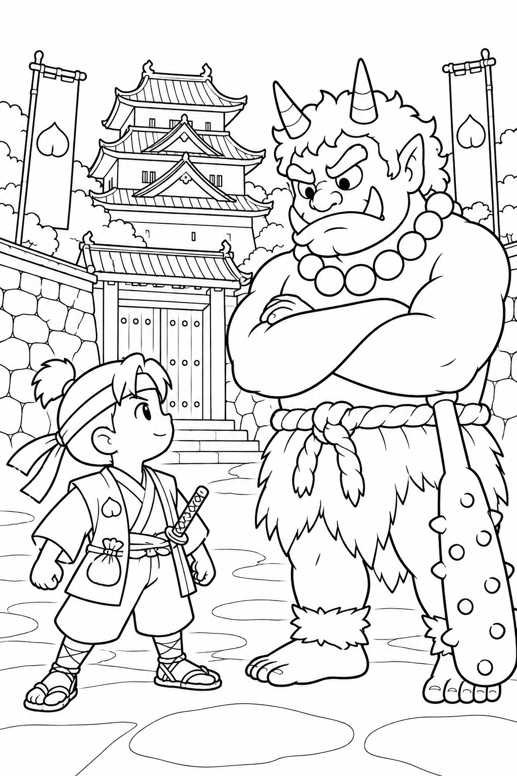 ほっこり桃太郎:桃太郎と鬼の大将の塗り絵
