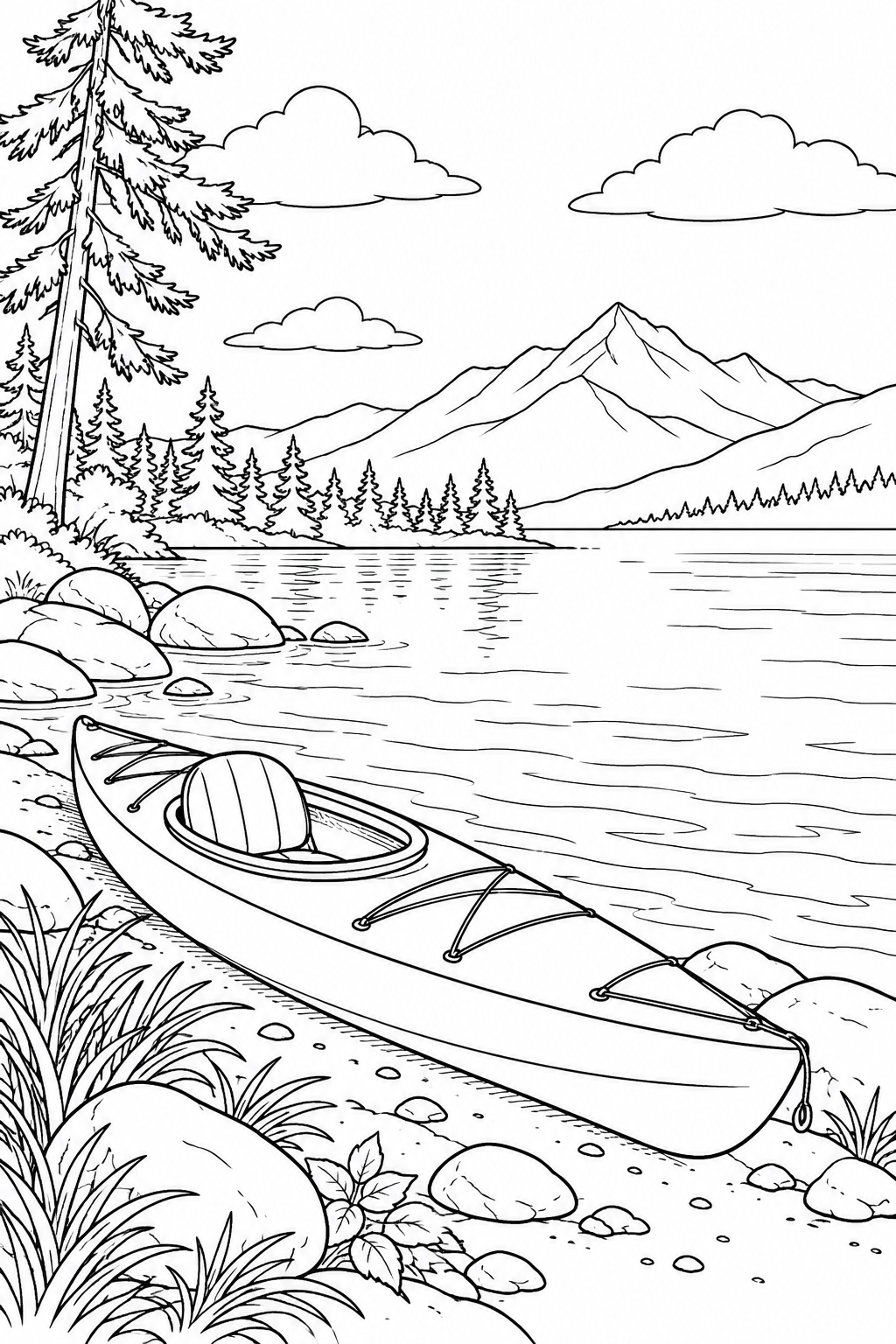 Coloriage Kayak posé sur la rive d’un lac