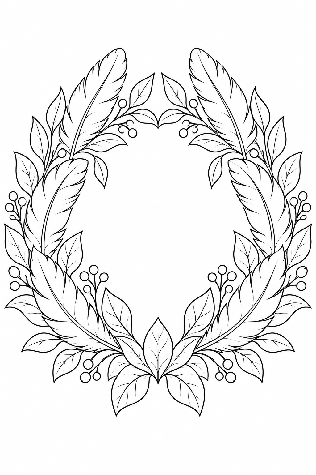 羽根と葉でできた左右対称の輪の塗り絵
