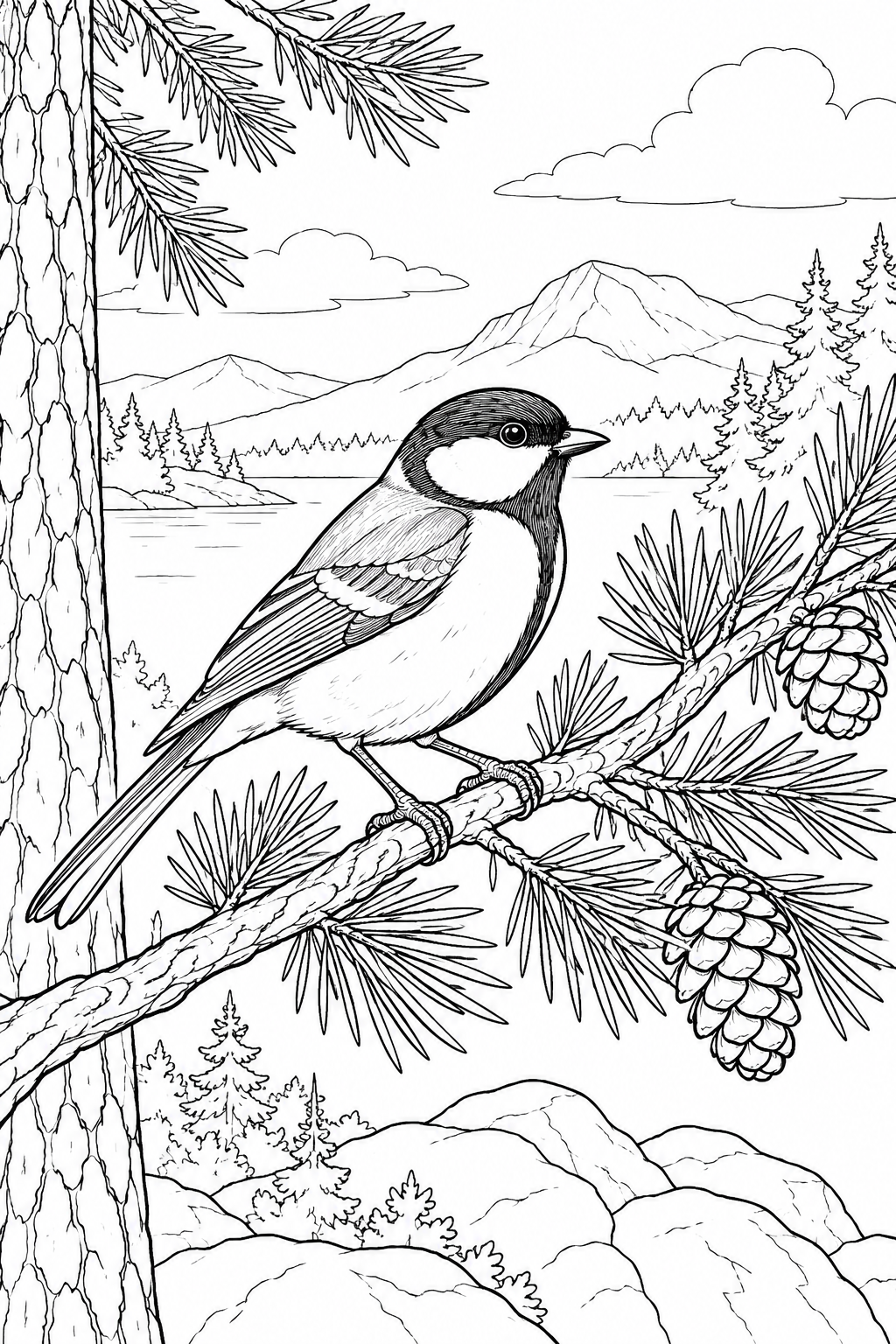 自然のひとこま:シジュウカラと松の枝の塗り絵