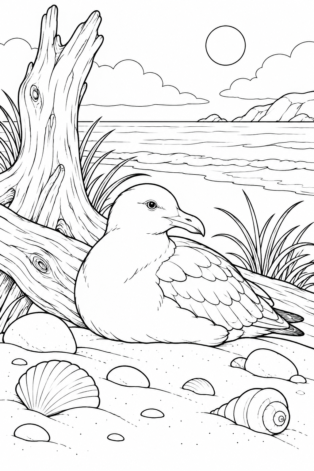 浜辺の流木と休む海鳥の塗り絵