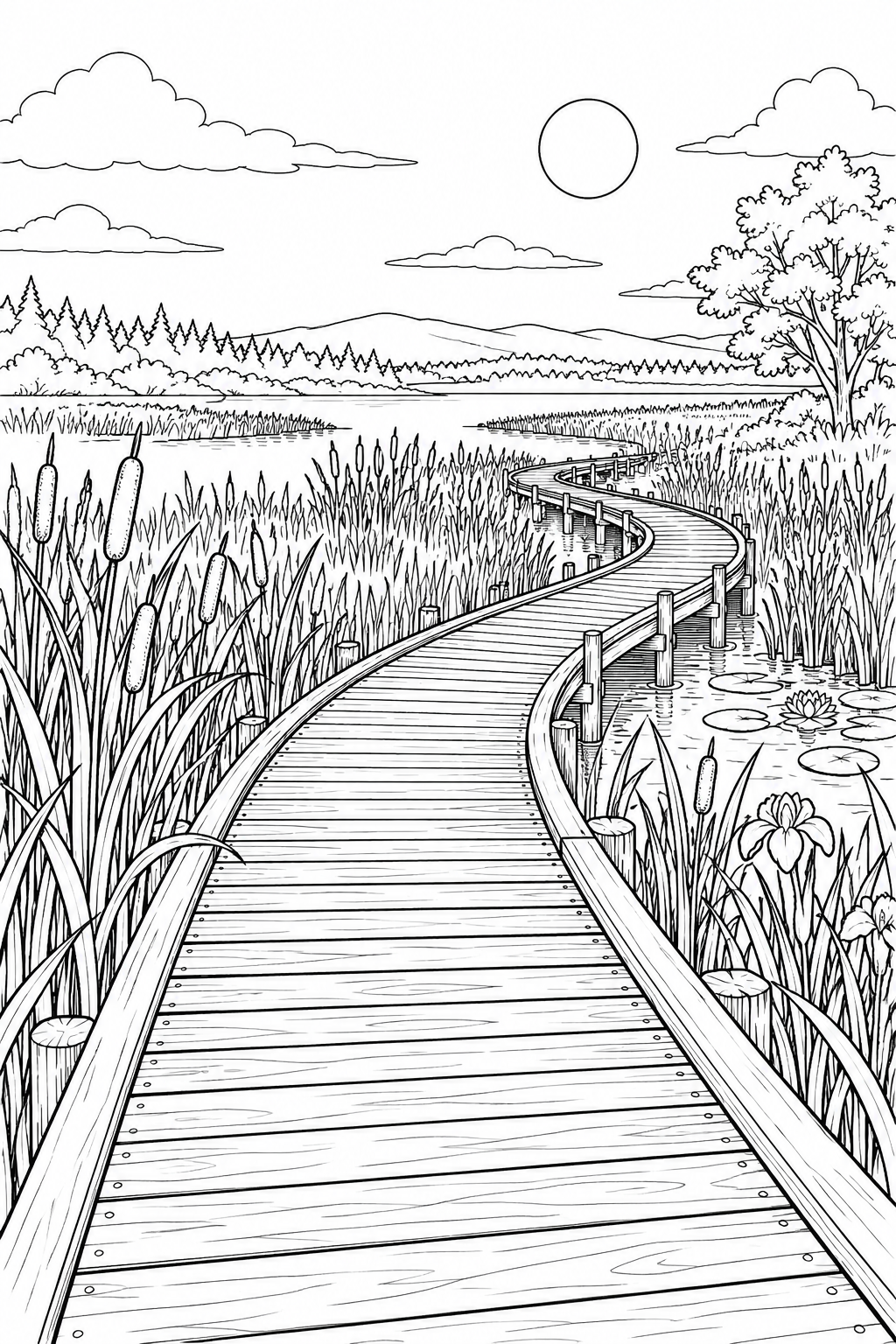 自然のひとこま：葦原の木の遊歩道の塗り絵