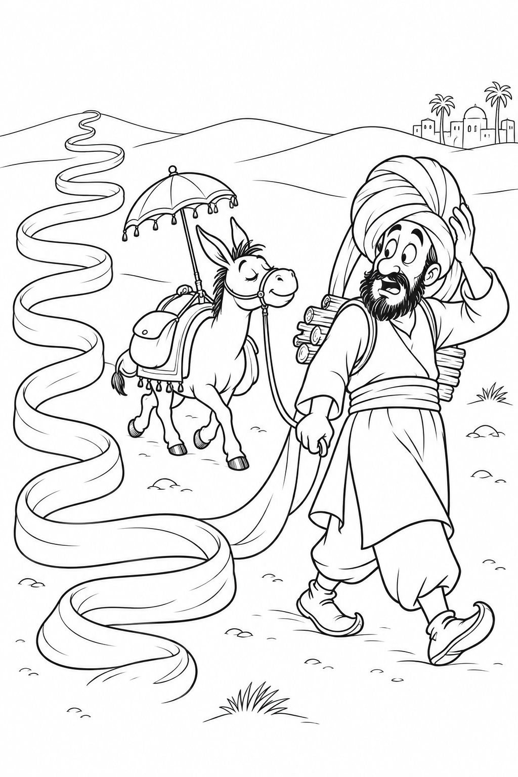 Coloriage Ali Baba et les quarante voleurs:L’ombrelle de l’âne et le turban défait(Humour)