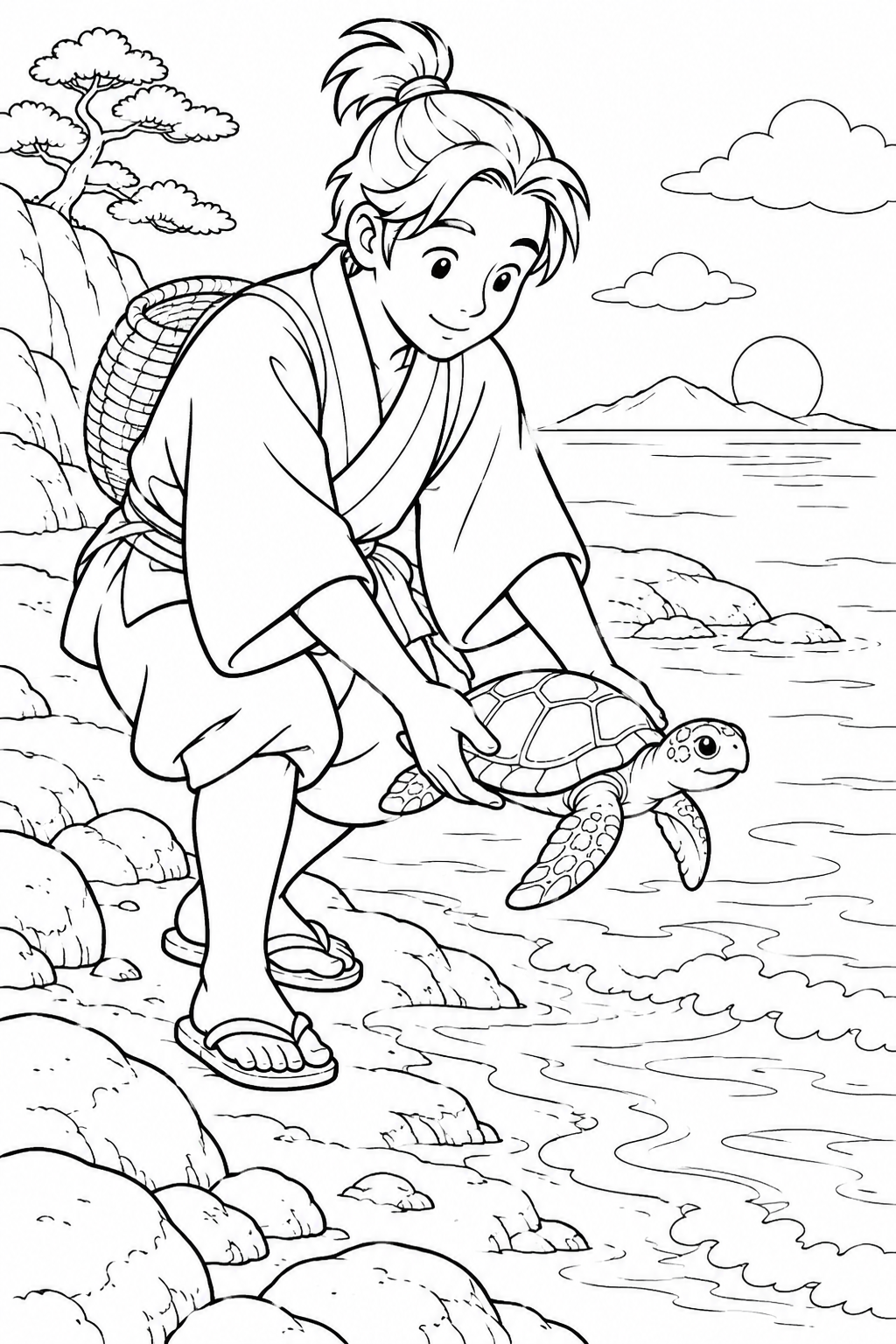 浦島太郎:亀を抱いて海へ(ほっこり)の塗り絵