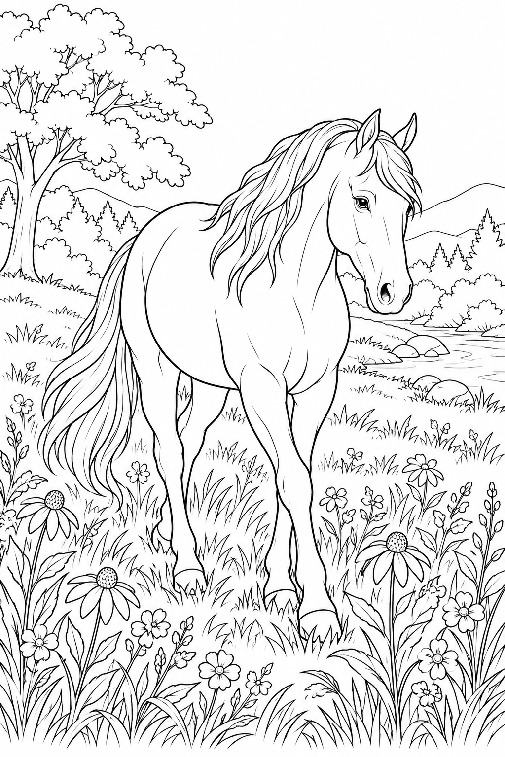 Dibujo de Caballo caminando despacio por un prado para colorear