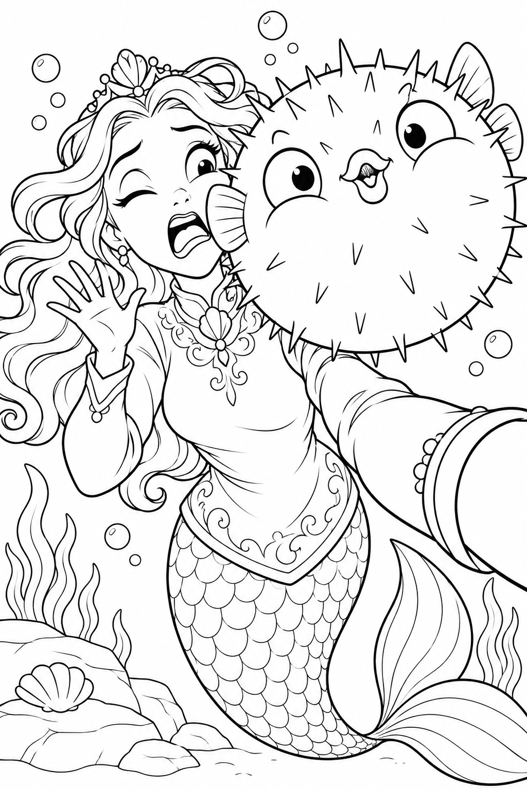 人魚姫:自撮りをじゃまするフグの塗り絵
