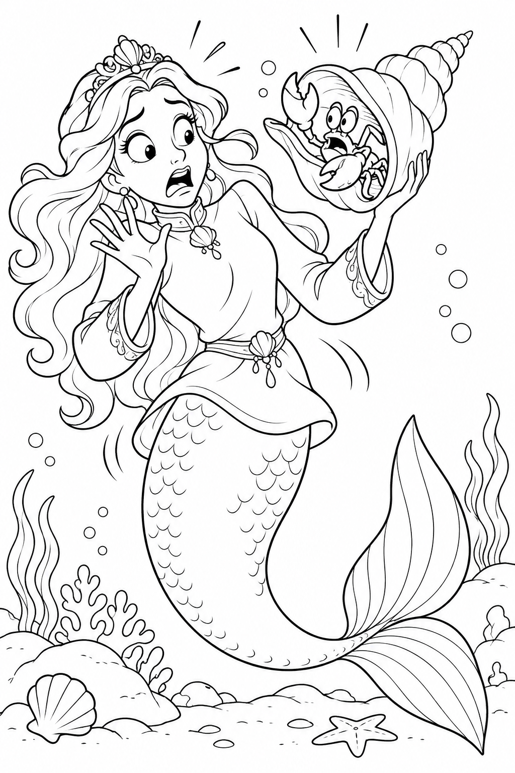 人魚姫:貝の電話からカニがこんにちはの塗り絵