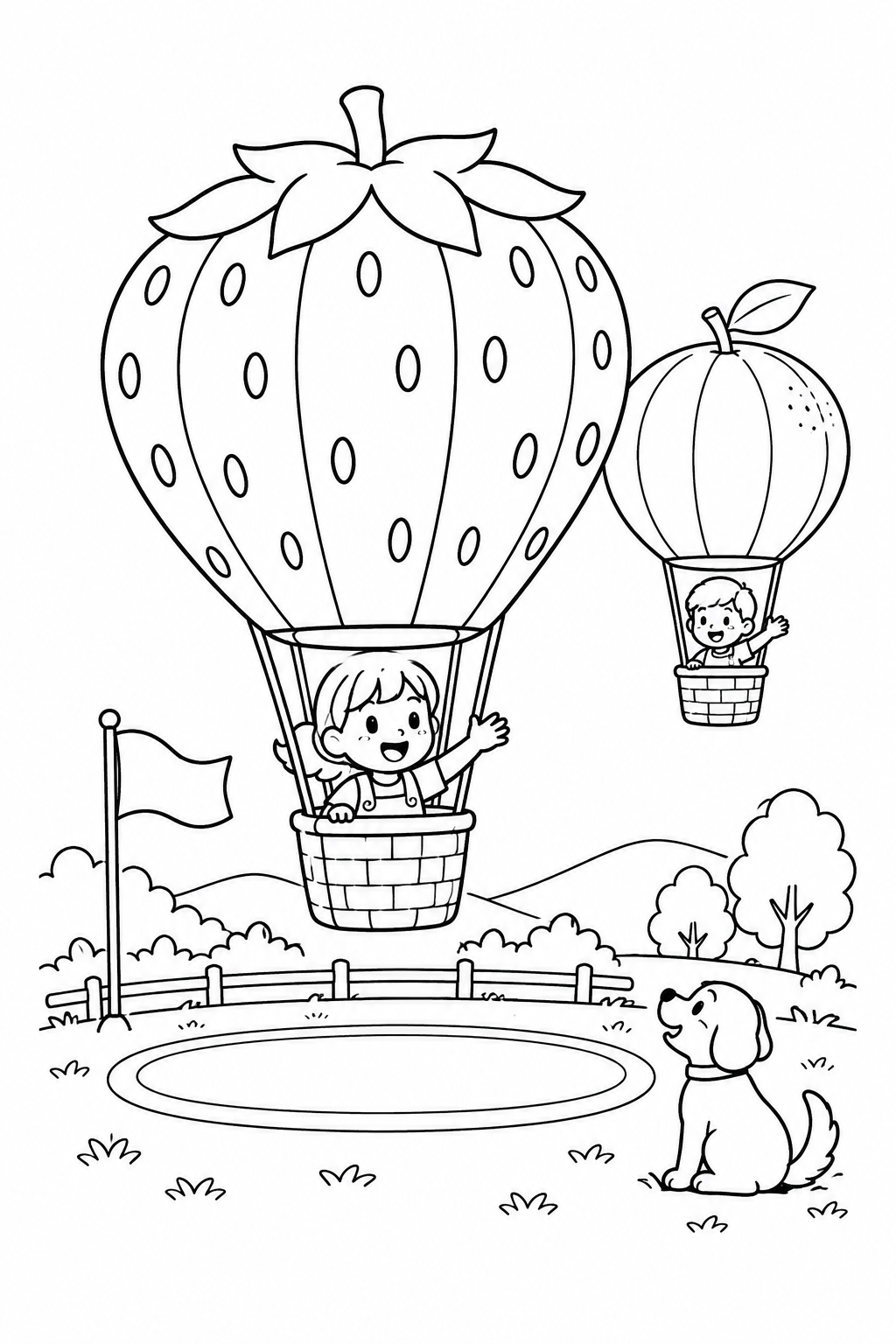 フルーツ気球の発着場の塗り絵