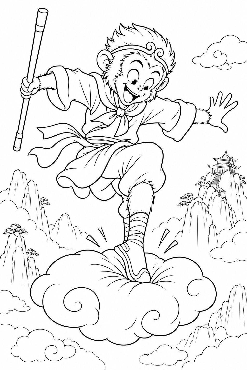 どたばた西遊記:悟空とふわふわの雲の塗り絵