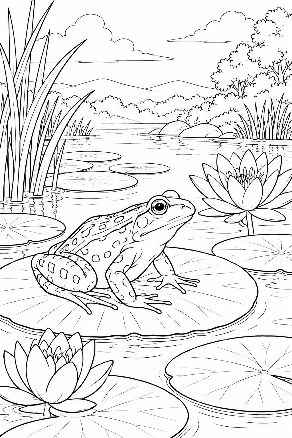 Dibujo de Una escena natural: Rana y hojas de nenúfar para colorear