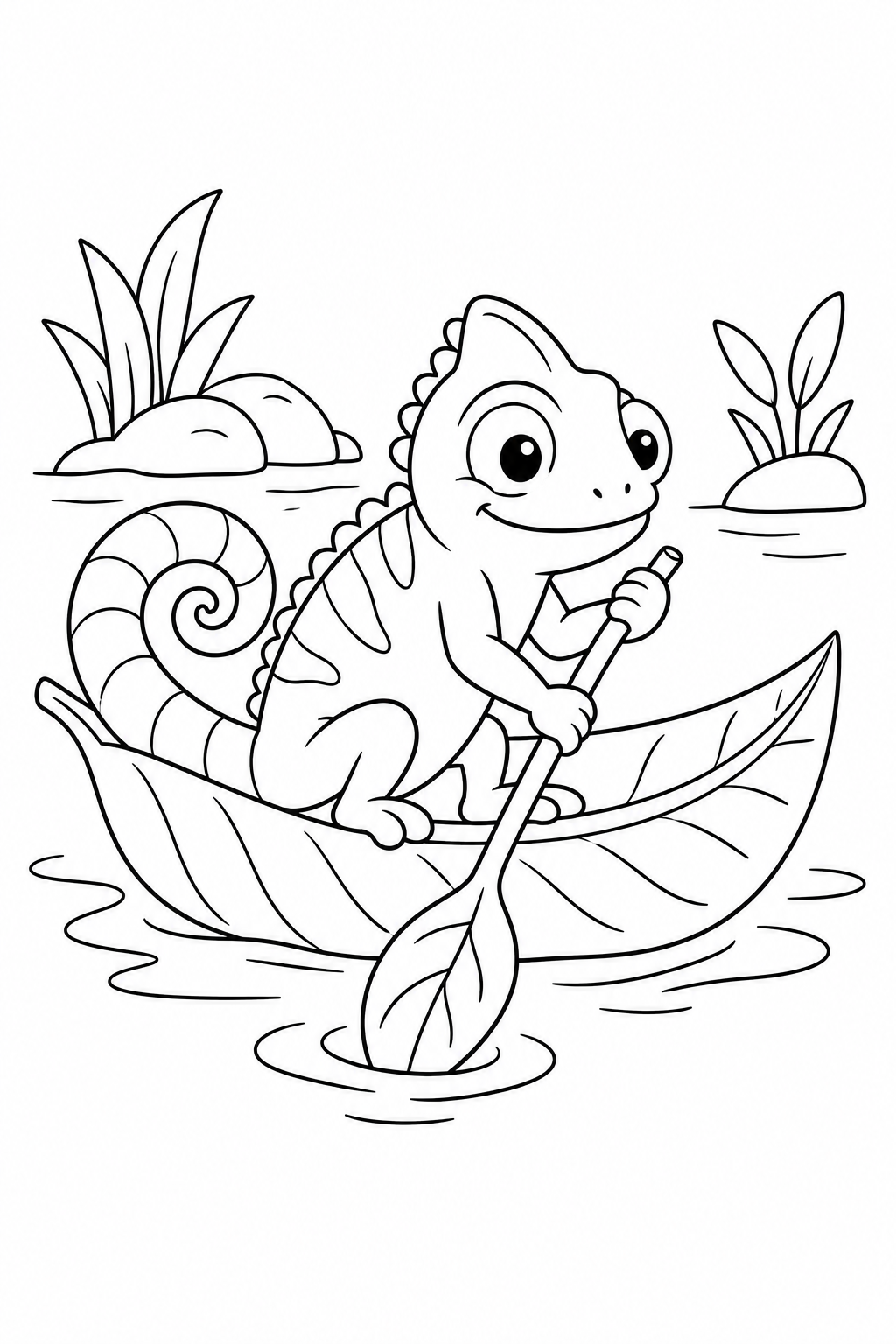 Chameleon in a Leaf Boat coloring page