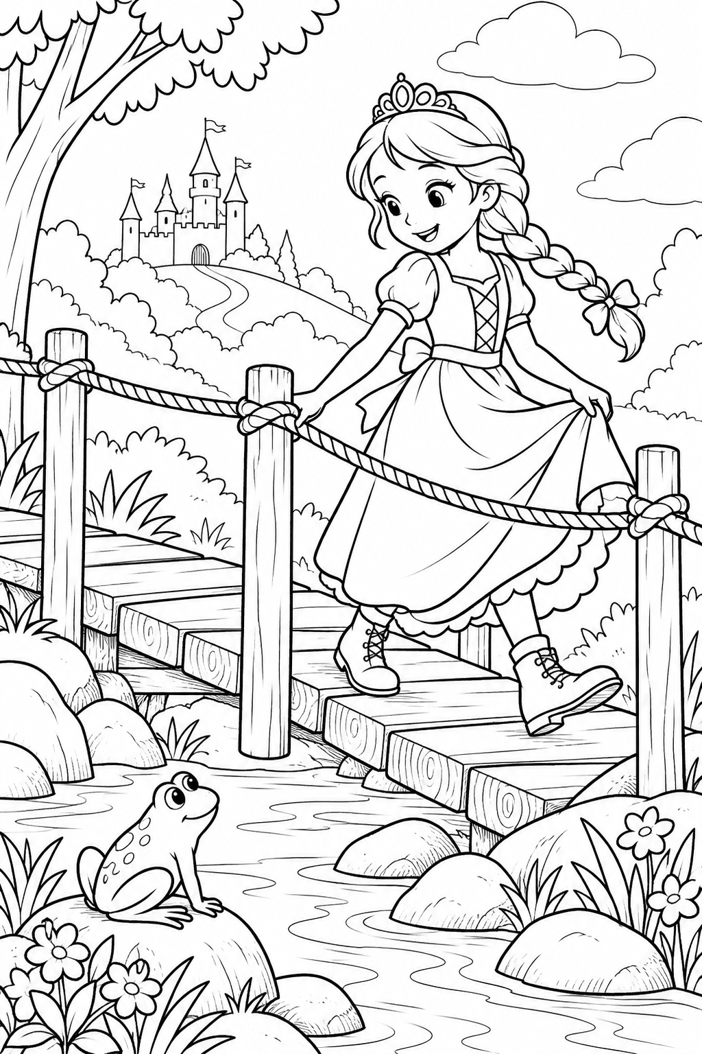 木の橋をわたるお姫さまの塗り絵