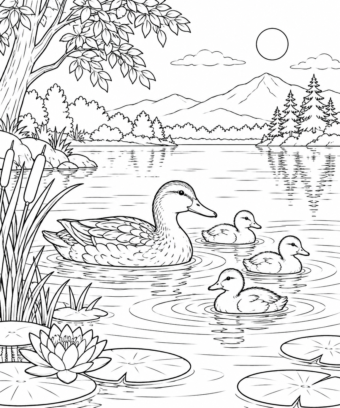 自然のひとこま:カモと広がる波紋の塗り絵