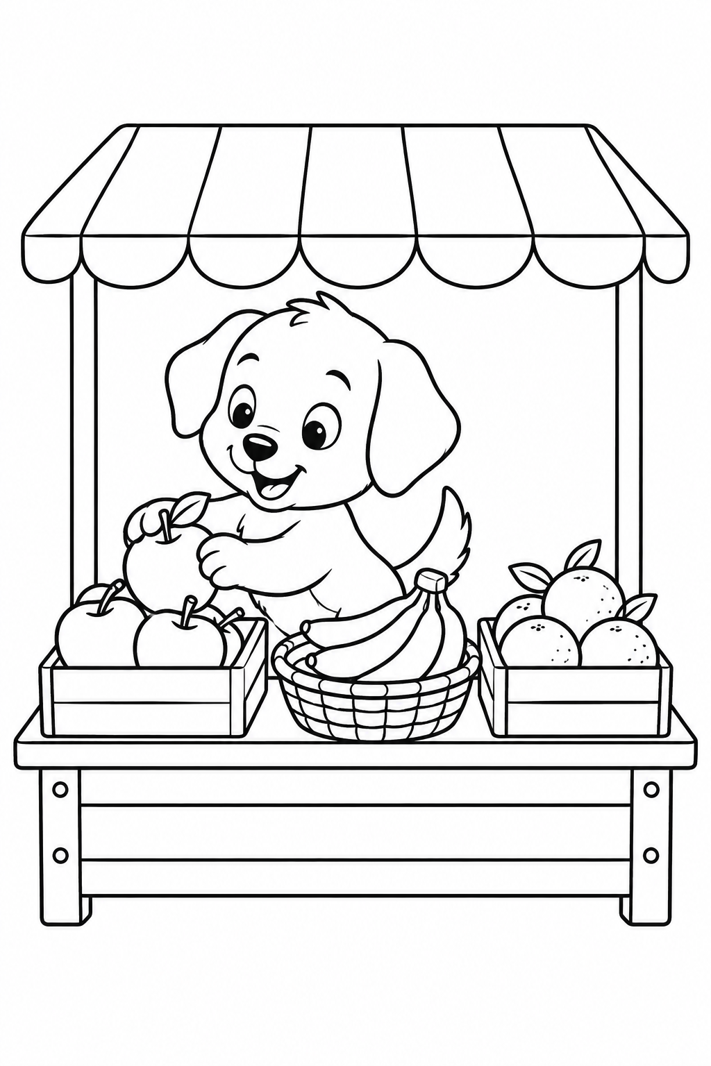 こいぬの果物屋さんの開店準備の塗り絵