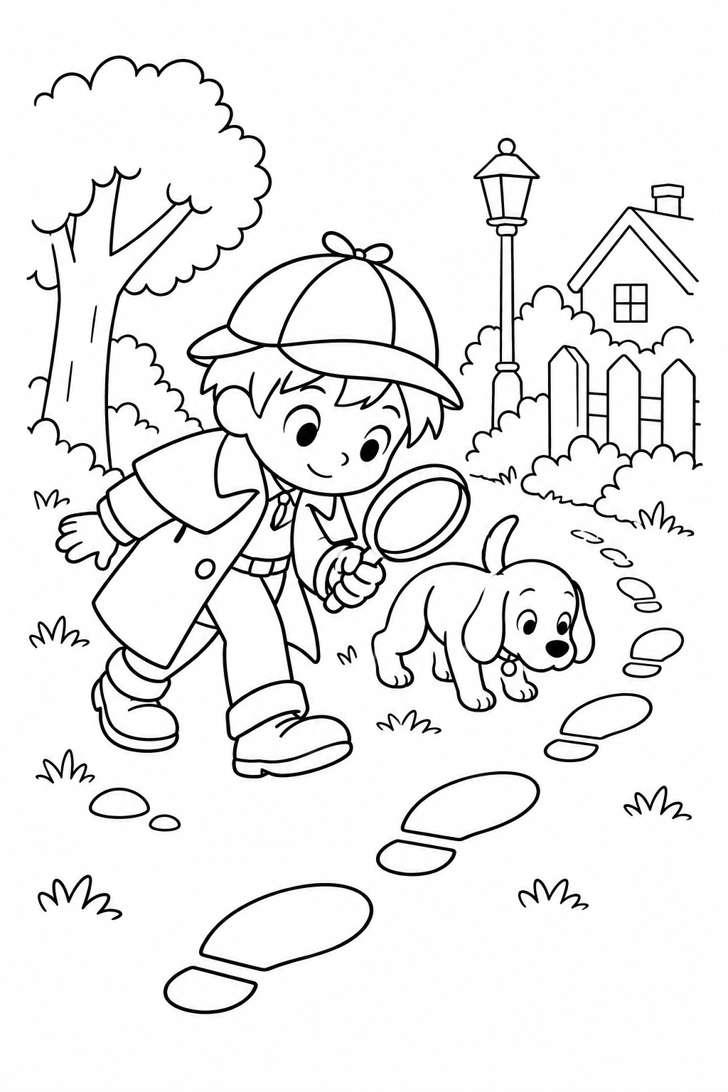 探偵と足あとの道の塗り絵
