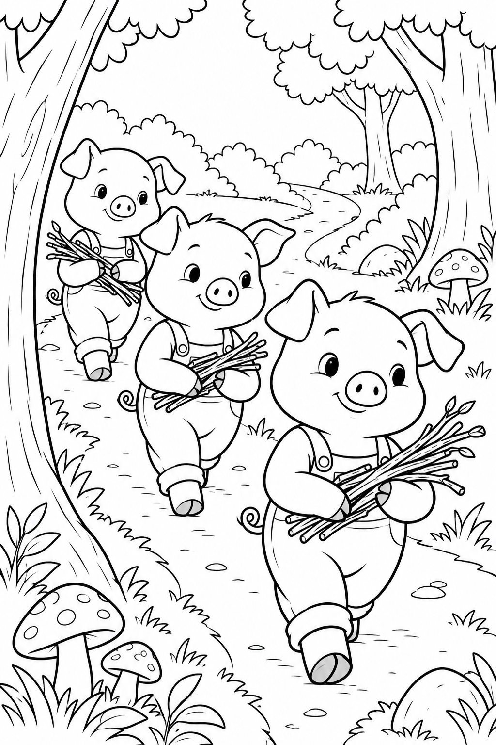 Coloriage Les Trois Petits Cochons: Le retour avec des brindilles