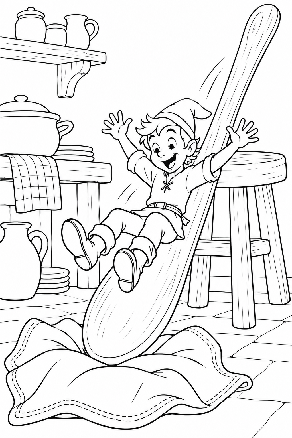 Jack and the Beanstalk・Comedy — Sliding down the giant's spoon coloring page