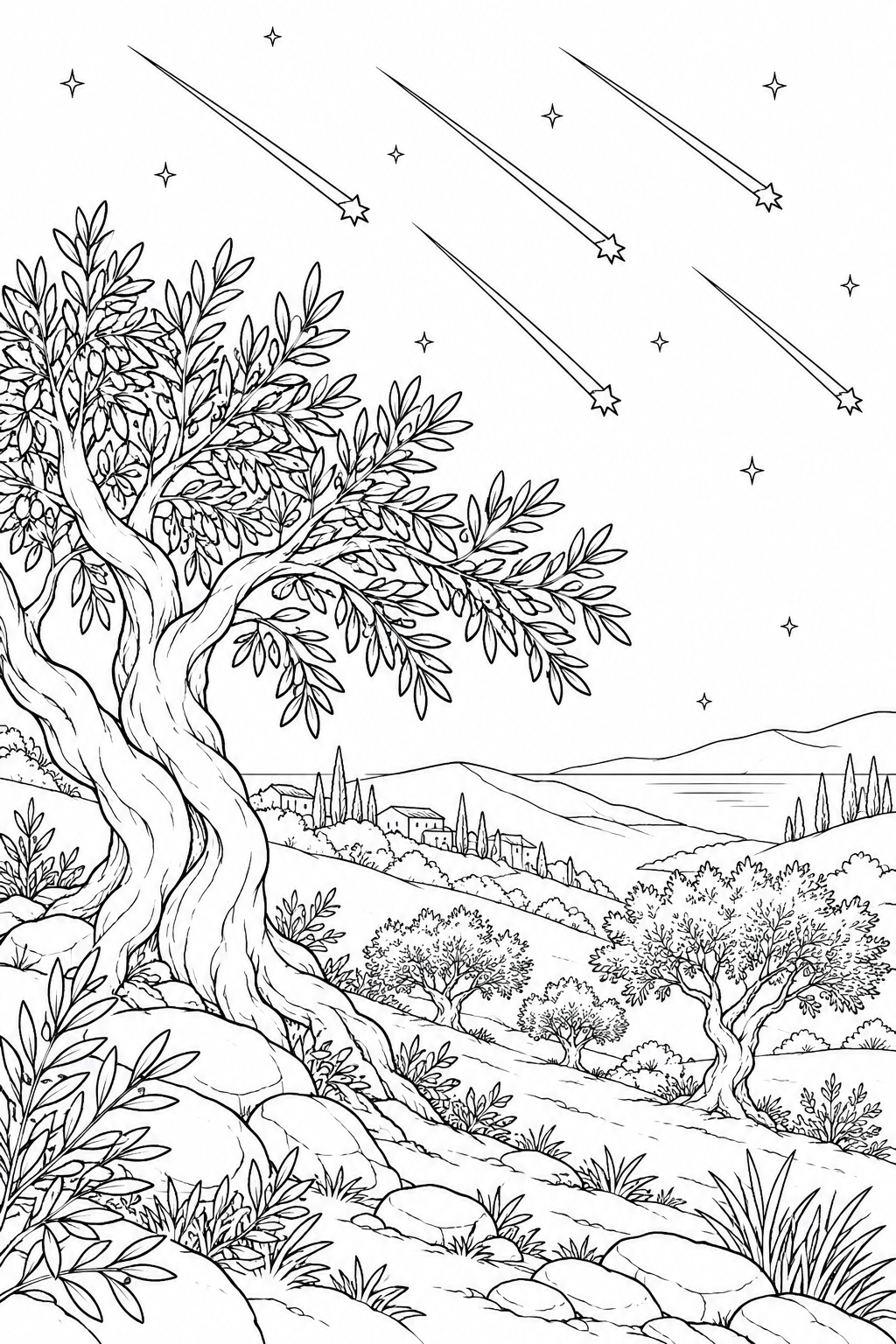 オリーブの丘と流星群の塗り絵