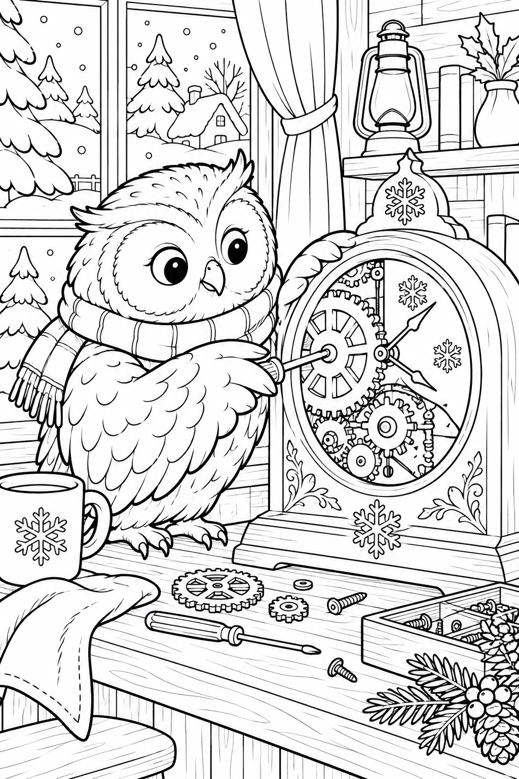 冬のふくろうの時計工房の塗り絵