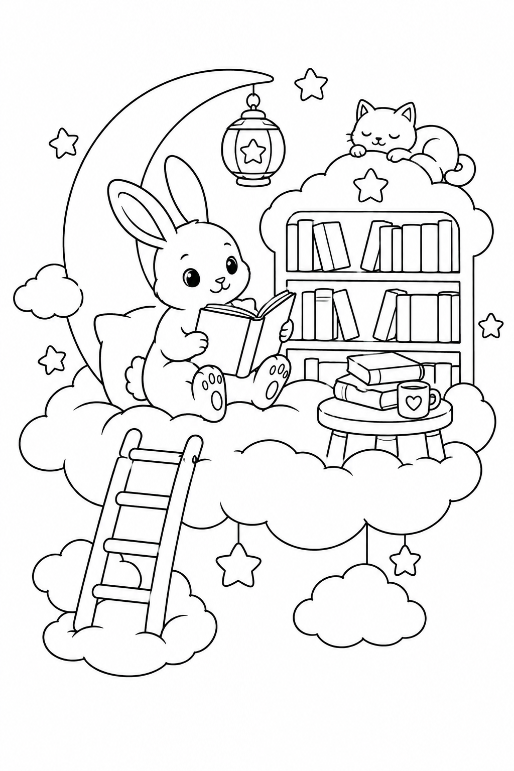 月のうさぎと雲の図書館の塗り絵