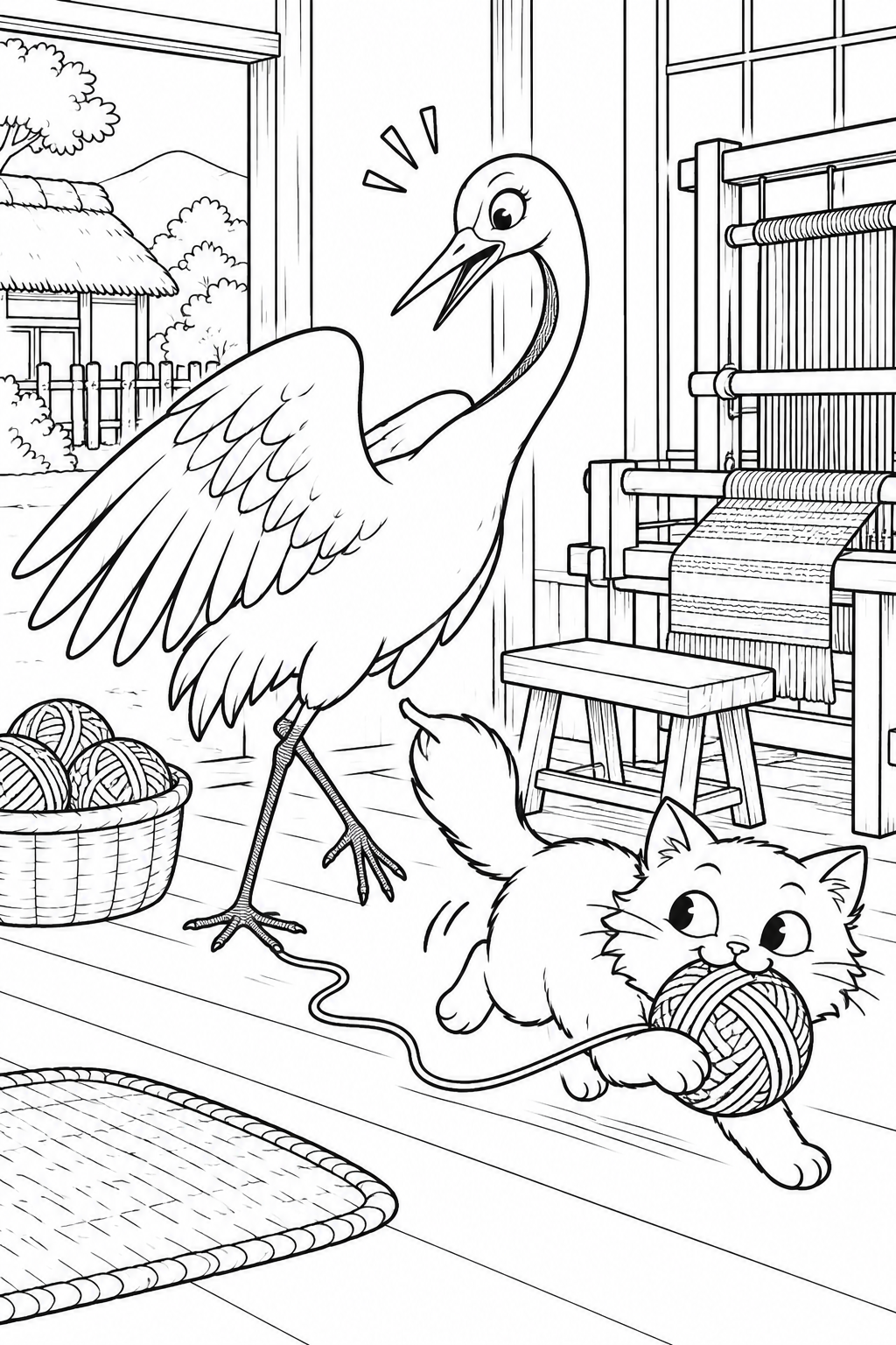 つるの恩返し:ねこに糸玉を取られたの塗り絵