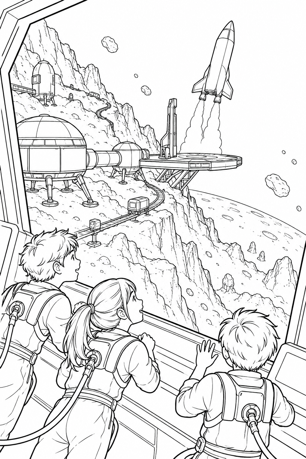 小惑星の岩山基地:小型宇宙船の発進の塗り絵