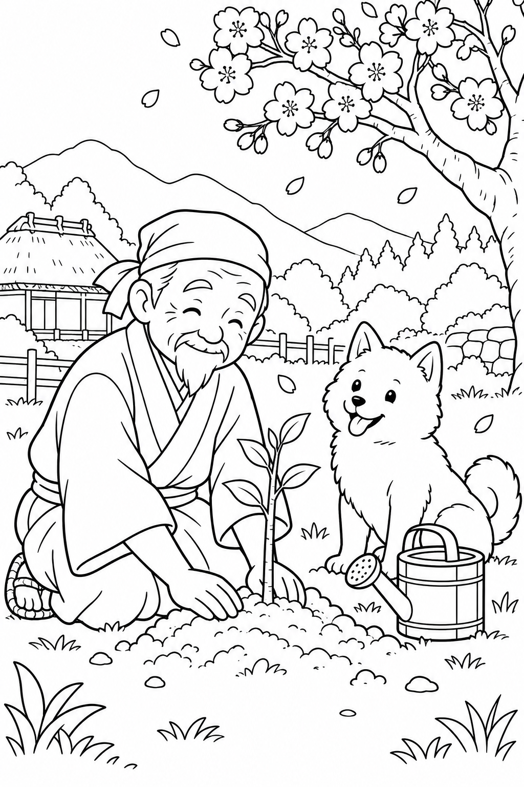 Dibujo de El anciano que hacía florecer los árboles: Plantando un cerezo con el perro blanco (Acogedor) para colorear