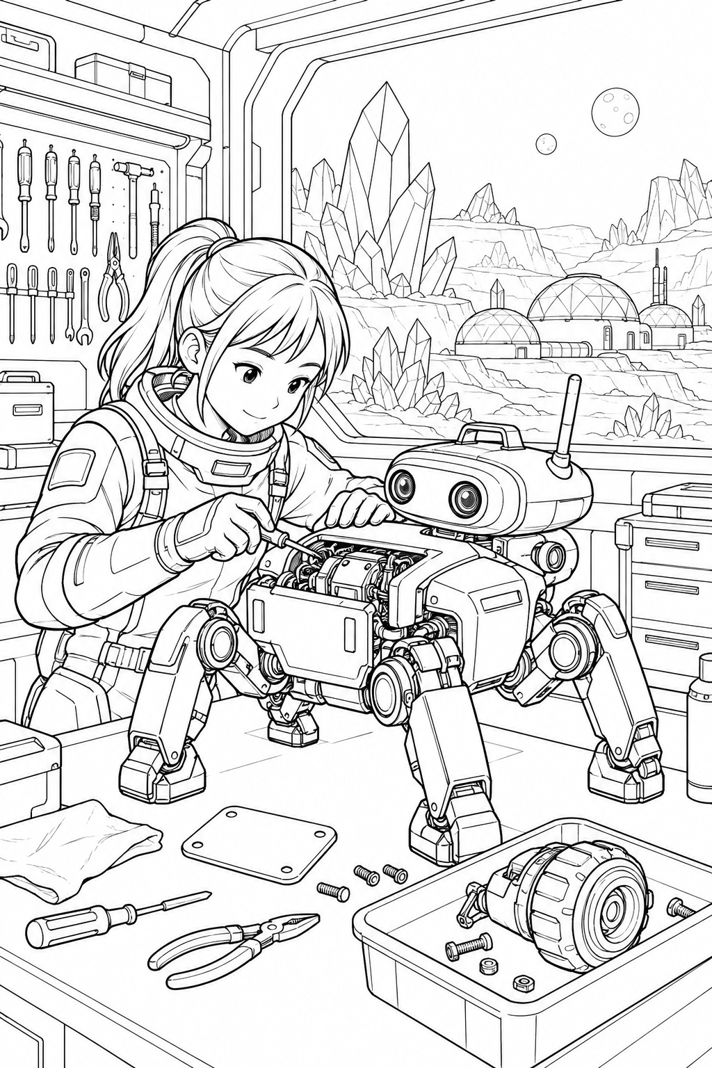 空想の結晶惑星の基地:ロボットの整備工房の塗り絵