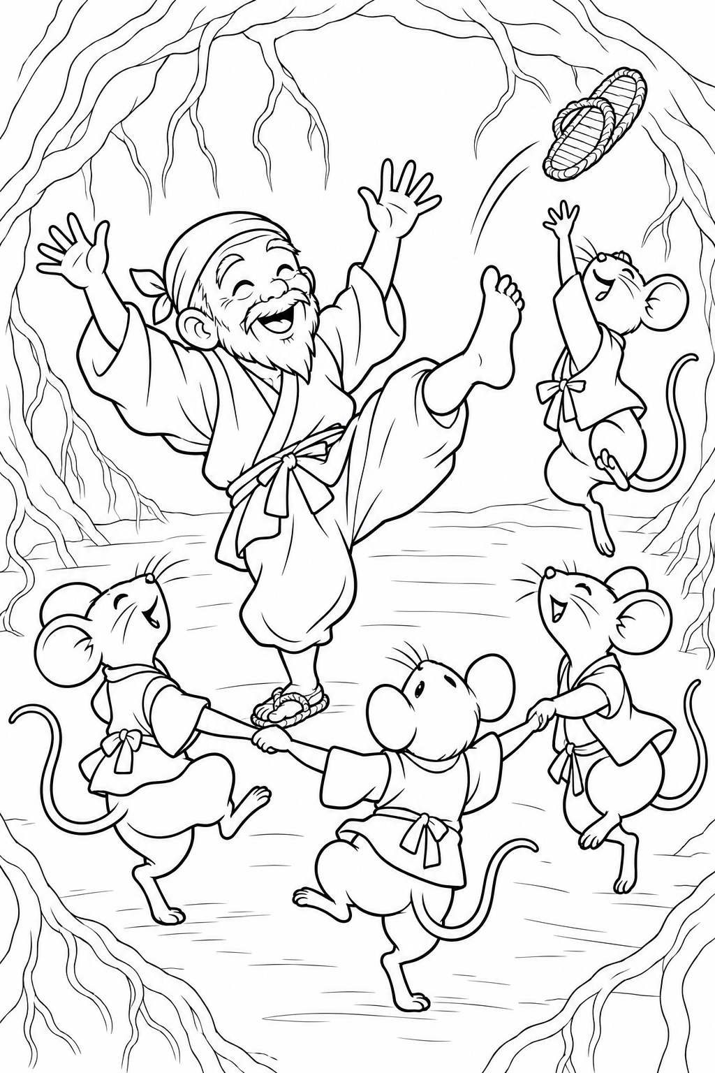 おむすびころりん・ギャグ:おじいさんも輪になっての塗り絵